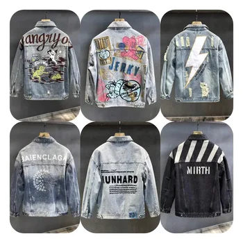 High quality embroidered patch denim jacket for men's blue and black torn jeans in fashion