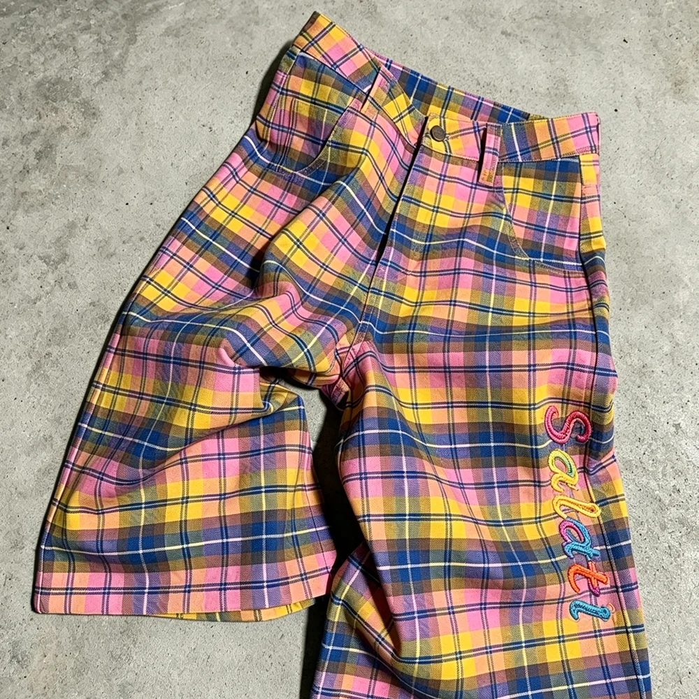 Custom logo Colorful Plaid Loose Wide Leg Men's Style American Trend Retro Street Hip-hop Shorts gallery 7