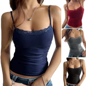 Wholesale Women Ladies Summer Solid Color Sleeveless Ribbed Camisole Y2K Sexy Cami Lace Spaghetti Strap Basic tank Top