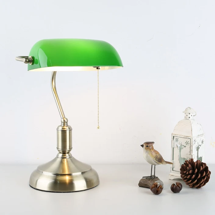 Retro Bar Table Antique Classic Power Tiffany Green Glass Shade Metal Banker Lamp