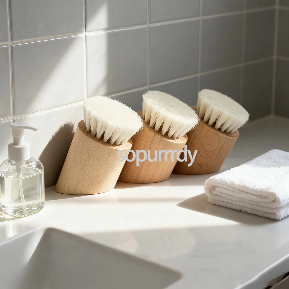 Custom Logo Natural Beech Wood Soft Goat Hair Face Brush Exfoliating Facial Cleaning Brush Soft Goat Hair for Gentle Cleansing
