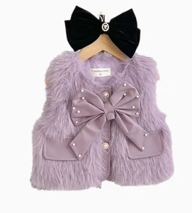 Wholesale 2026 Autumn/Winter New Baby Girls' V-neck Vest Solid Color Fur Sleeveless Butterfly Knot Warm Jacket
