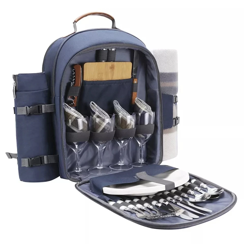 Рюкзак для пикника большой вместимости на 4 человека с изолированной сумкой-охладителем для вина, посуда и держатель для вина из прочного полиэстера