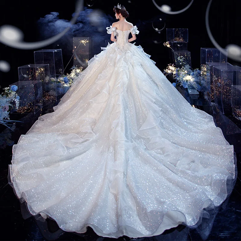 Latest White Off Shoulder Backless Ball Gown Wedding Dresses
