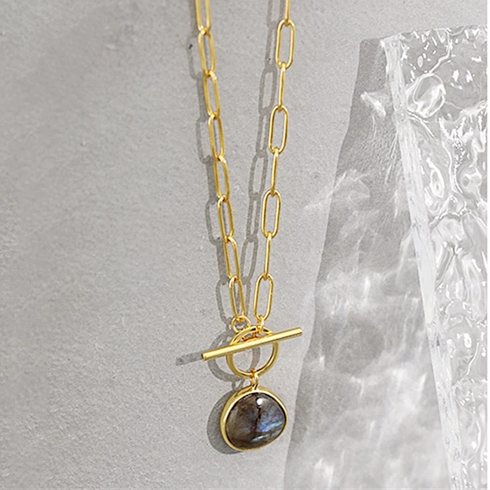 Natural Labradorite Gemstone Charm Thick Paperclip Toggle Chain 18k Gold Vermeil Jewelry 925 Sterling Silver Necklace for Women