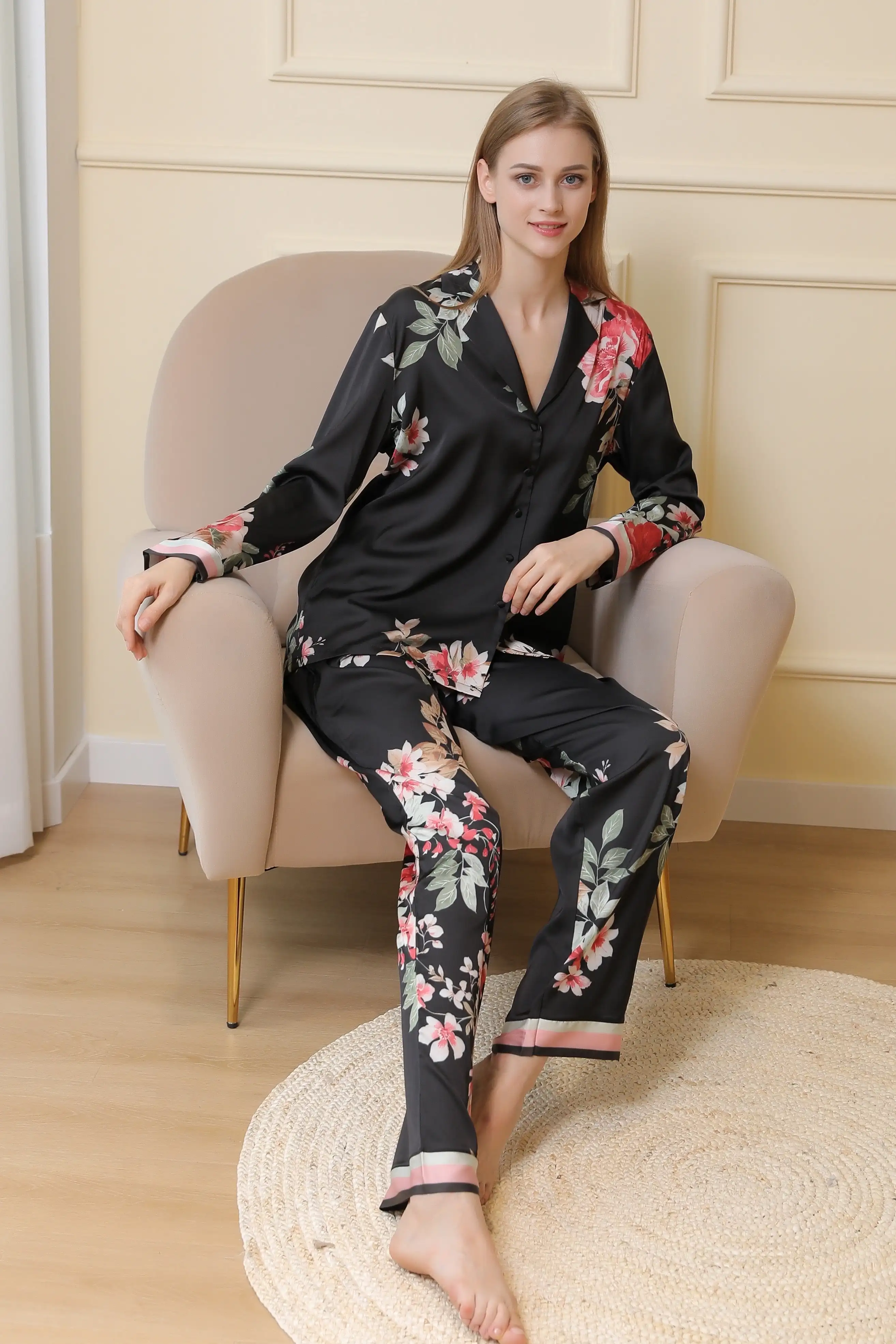 Pama Set Aangepaste Pamas voor Dames Loungewear Pjs Satviscose Blueve Bloemenprint Geweven Effen Polyester Dame Zomerjurk_voghion.com