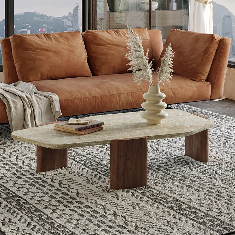 Modern Luxury Natural Stone Marble Coffee Table Wabi-Sabi Style Red Oak Set Living Room Dining Villa Wooden Side Table Pattern