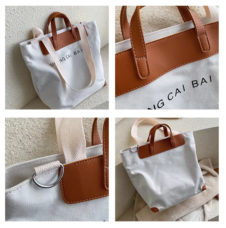 Drawstring Large Plain Cotton Canvas Shoulder Tote Bag With Leather