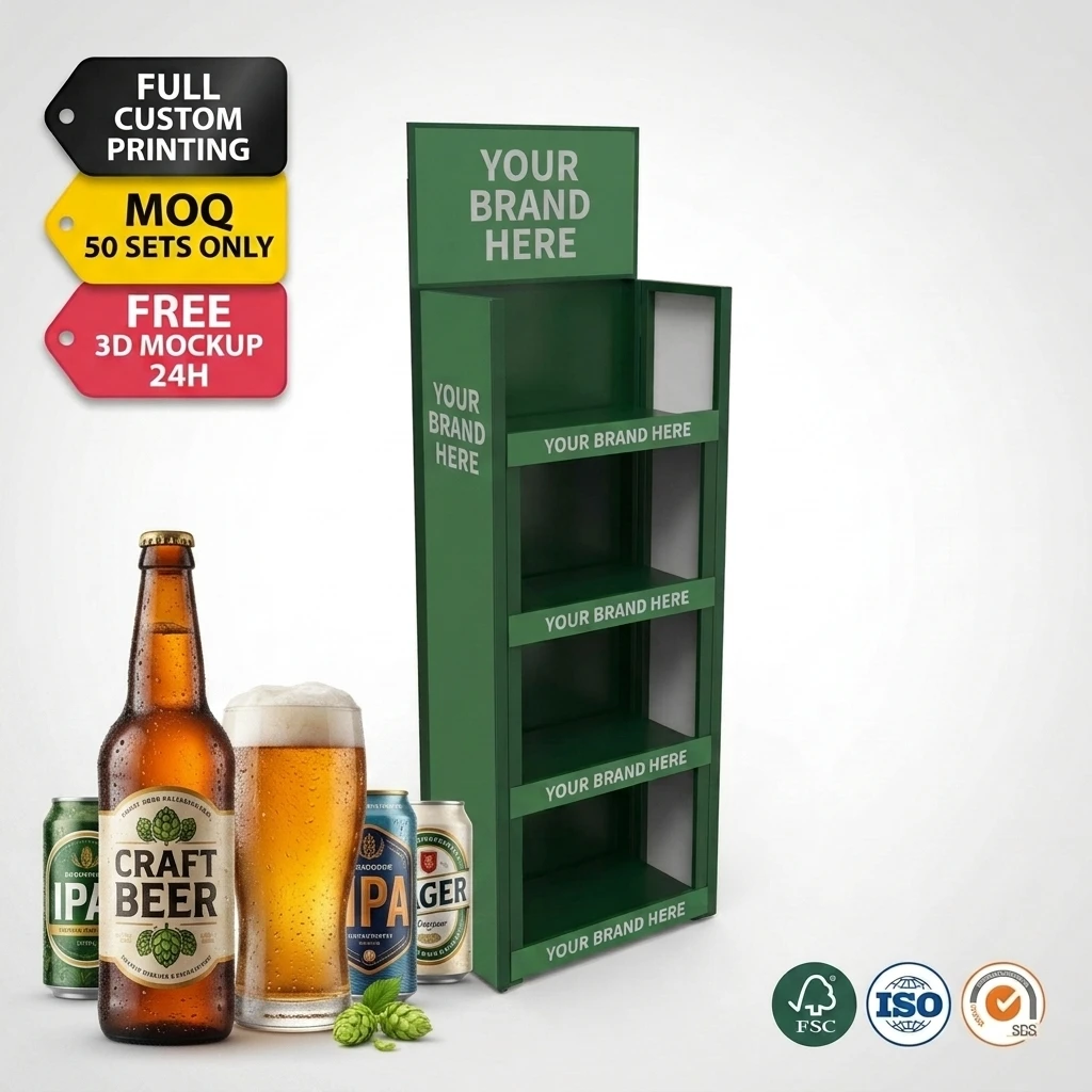Wholesale Custom Floor Standing Metal Beer Display Stand Retail Cider Rum Wine Bottle Rack POS Display Shelf with Header ODM OEM