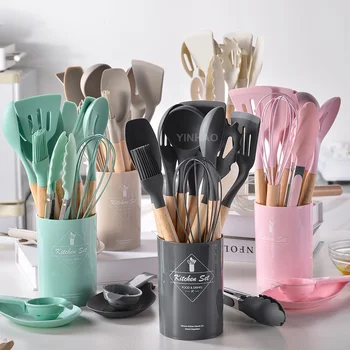 Wholesale Lightweight 14 Pieces Wooden Handle Cookware Silicone Kitchen Utensils Set