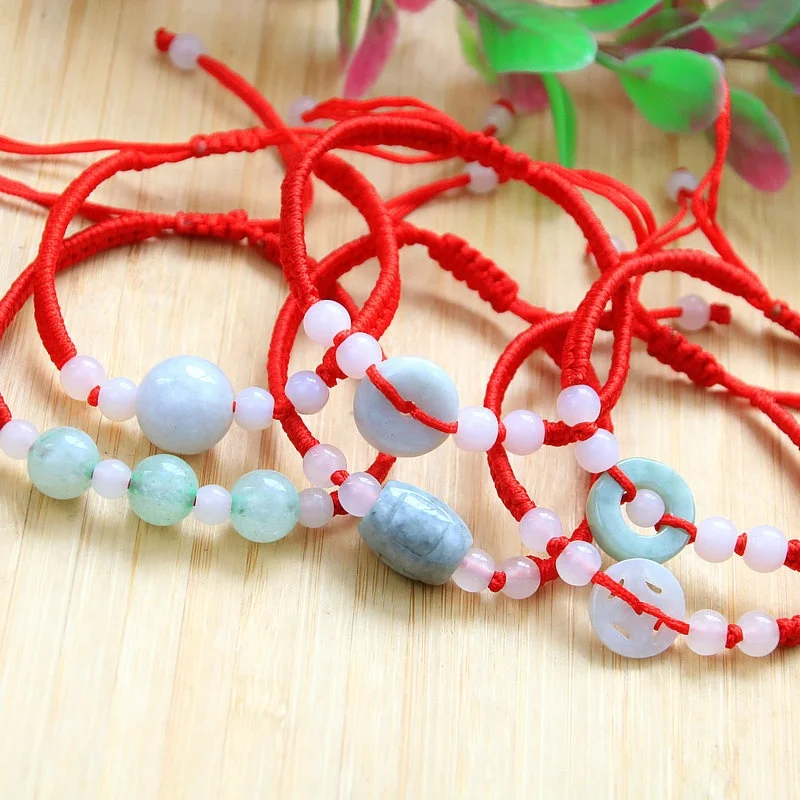 Good Luck Red String Handmade Adjustable Red Rope Light Green Natural Jade Gourd Pixiu Jade Donut Bracelet for Women Men