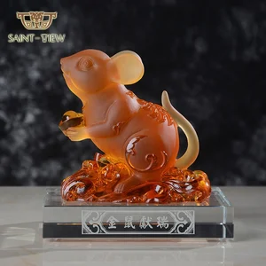 Factory Chinese Zodiac Selling New Year Business Gifts Liuli Crystal Glass Craft Rat Figurine