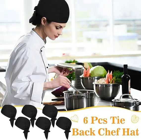 Tie Back Chef Hat for Men Adjustable Chef Cap Chefs Bandana Skull Cap Black Breathable Cooking Hat for Men Women