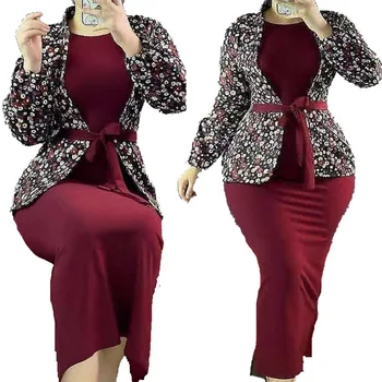 Latest Office Ladies Ol Formal Career Dress Long Sleeve With Belt Bodycon coat with skirt