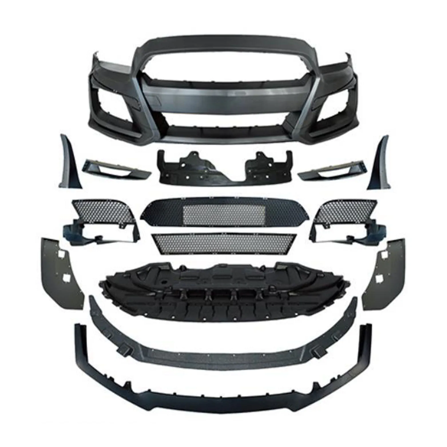 GT500 Style Front Bumper Kit for Ford Mustang 2011-2014 Conversion Bodykit W/ Upper Lower Grille Lip Splitter Fascia S5