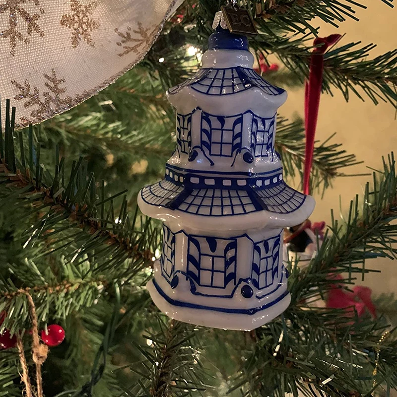 product wholesale support custom christmas home decor figurines gift vintage ceramic pagoda christmas tree ornaments-2