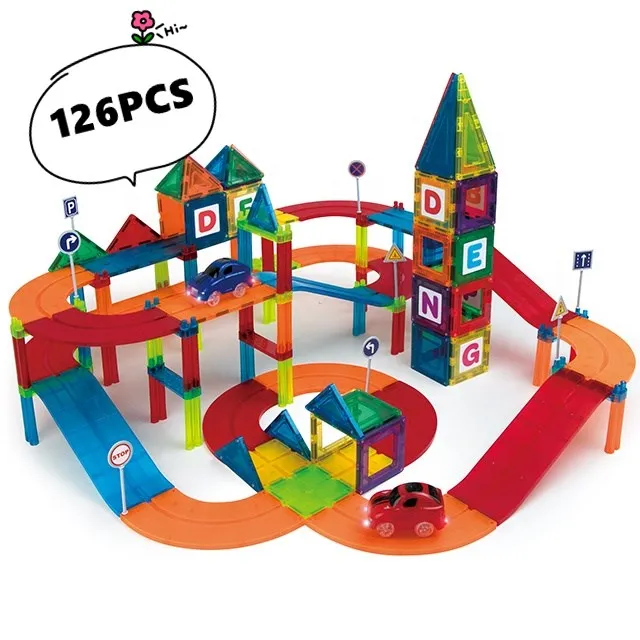 2021 Amazon Hot Selling Educational Magnetic Set Toy Car Track Magnetic Tiles 126Pcs ABS Plastic Magnet Building  Tiles For Kids