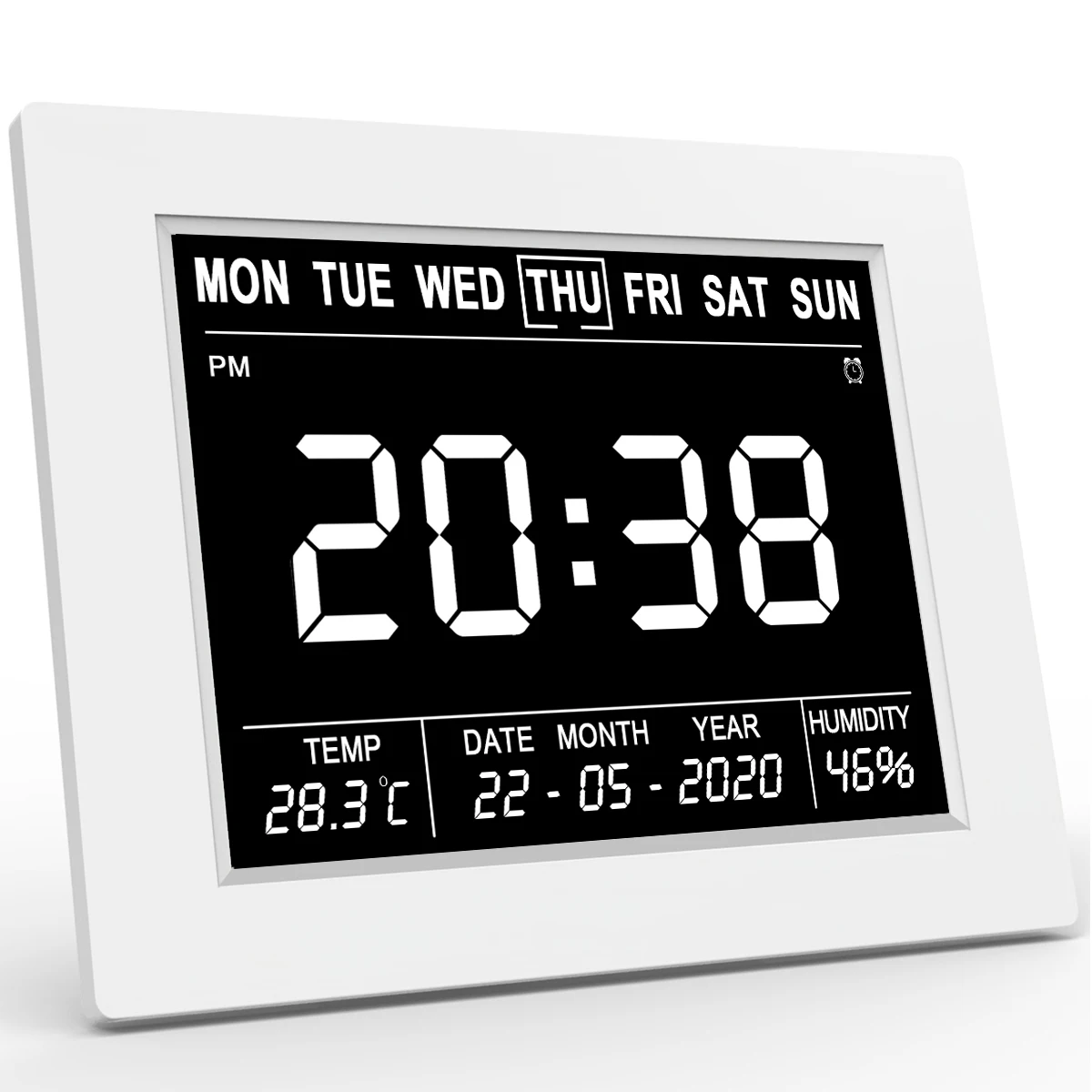 bianco orologio digitale per anziani orologio da tavolo Sveglia digitale da 8 pollici con calendario digitale orologio da parete debolezza visiva e demenza ad esempio Alzheimer 