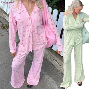 Wholesale Custom Loungewear Sets pink Holiday Valentines Day Pajamas Bow 2 Piece Set Women