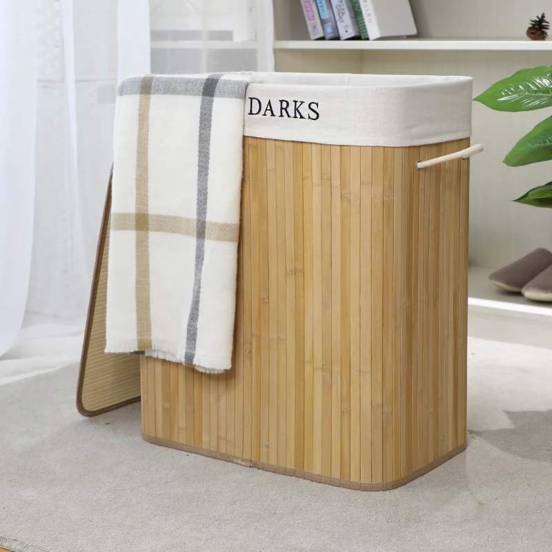 100L Extra Large 2 Section Folding Storage Solution Folding Bamboo Laundry Dirty Clothes Basket with Lid and Carry Handle