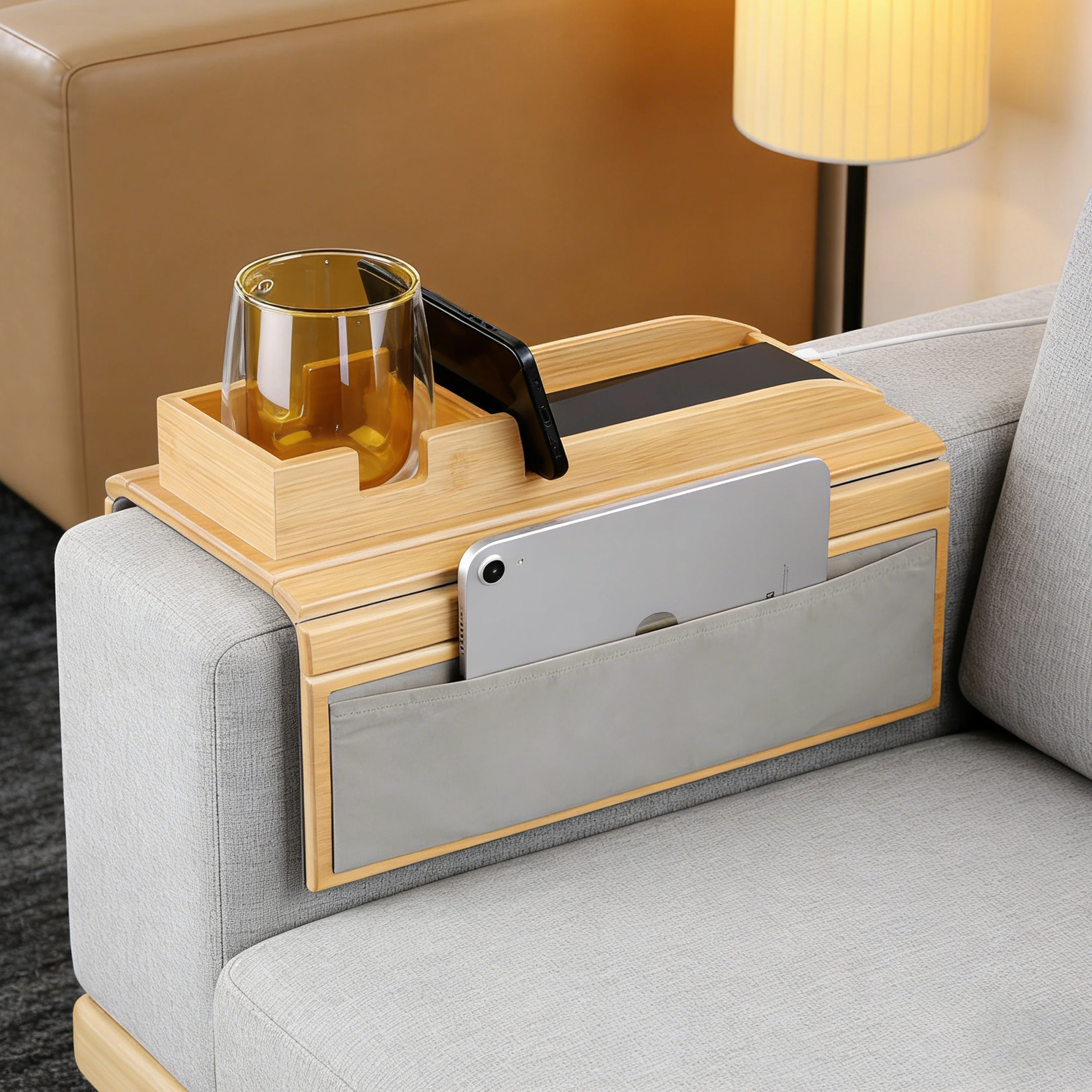 Bamboo Sofa Arm Tray with Cup & Phone Holder Anti-Slip Side Storage Pocket Foldable Couch Arm Table Living Room Snack Organizer