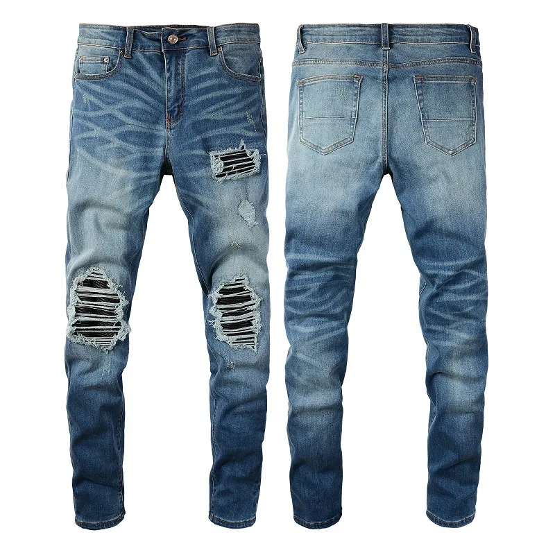 Hot Sell Custom Men Vintage Blue Denim Knee Distressed Hip Hop Washed Pants Ripped Stacked Jeans