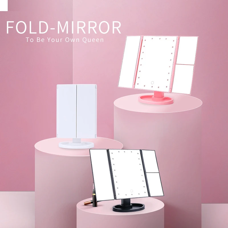 hot Three Trifold mirror Desktop Foldable Travel Vanity Portable Led Makeup Mirror With Led Light supplier