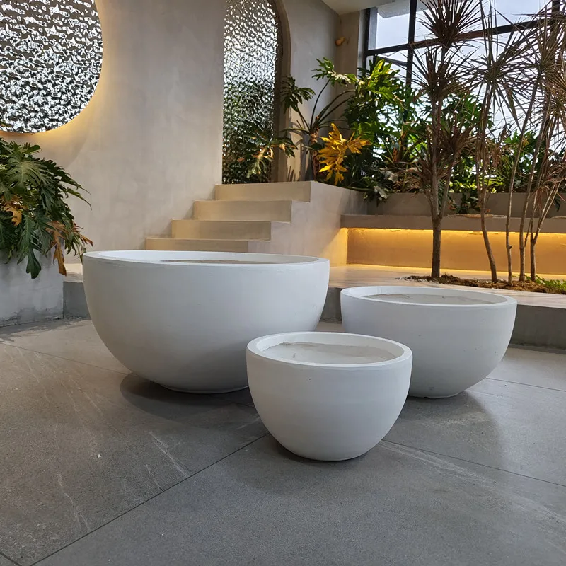 Large Round Fiberglass Plant Pots Outdoor Europe Style Durable Eco-Friendly  Lightweight Home Garden Hotel