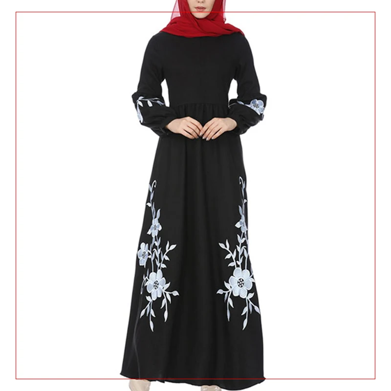 Dubai embroidered flower muslim evening Chiffon Long Sleeve Large Size  Maxi Abaya Dress