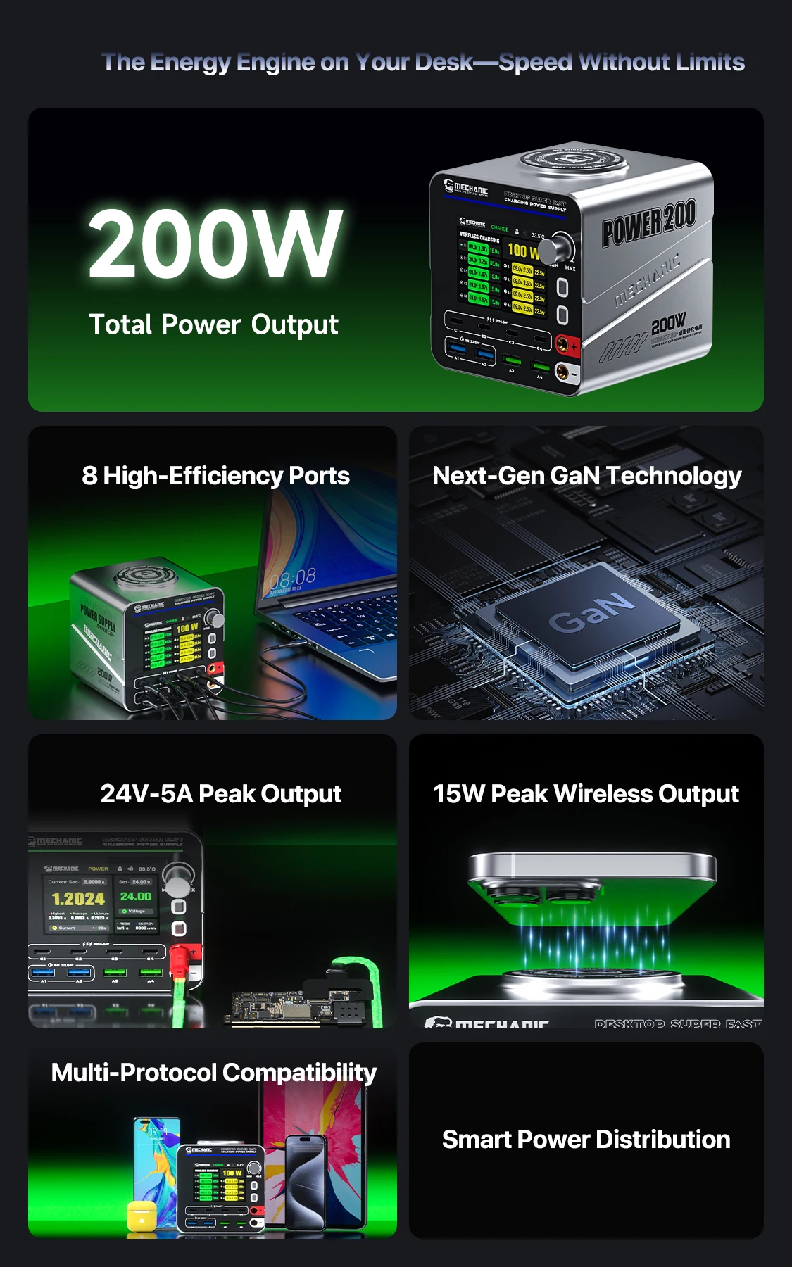MECHANIC G-Power 200W Multiport Fast Charging Station Adjustable Power Supply Voltage Current Monitoring Power for Testing Tool