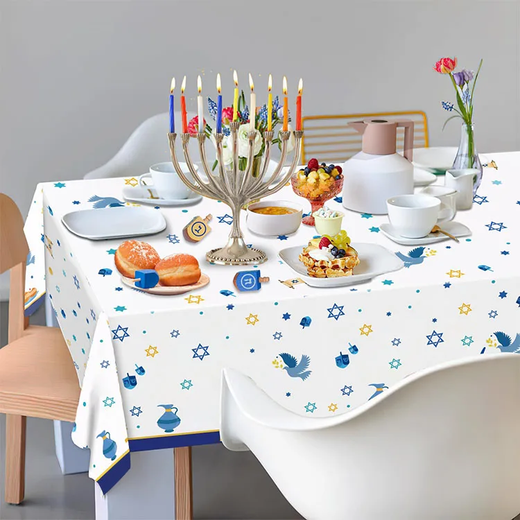 Factory Disposable Rectangle Square Waterproof Oil-Proof  Tablecloth for Hanukkah Jewish Chanukah Menorah Holiday Decoration