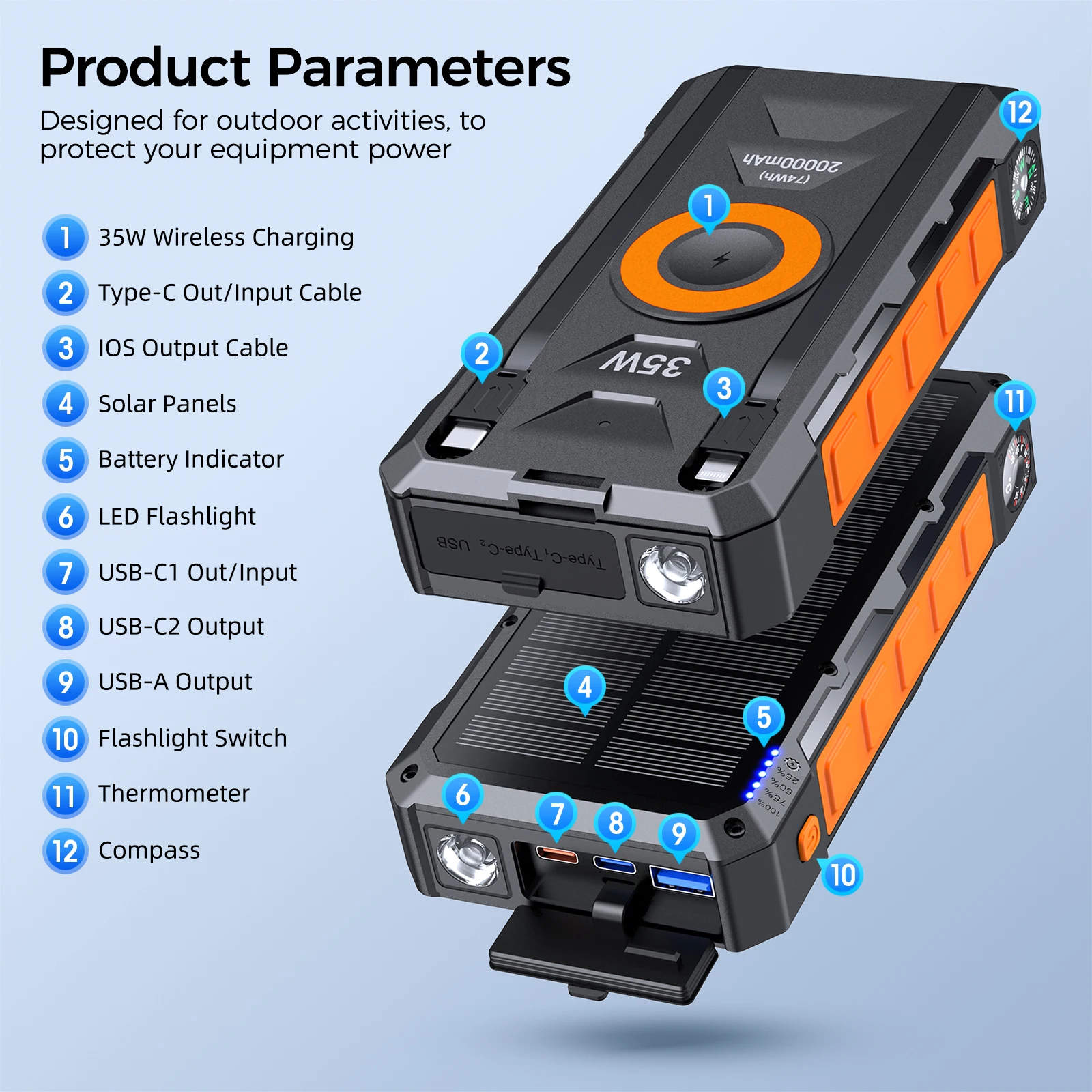Portable Solar Charger 20000mAh Fast Charging 35W Power Bank with Wireless Charging and LED Flashlight