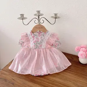 Casual Short-Sleeved Printed Lace Embroidered Dress Baby Girls Romper
