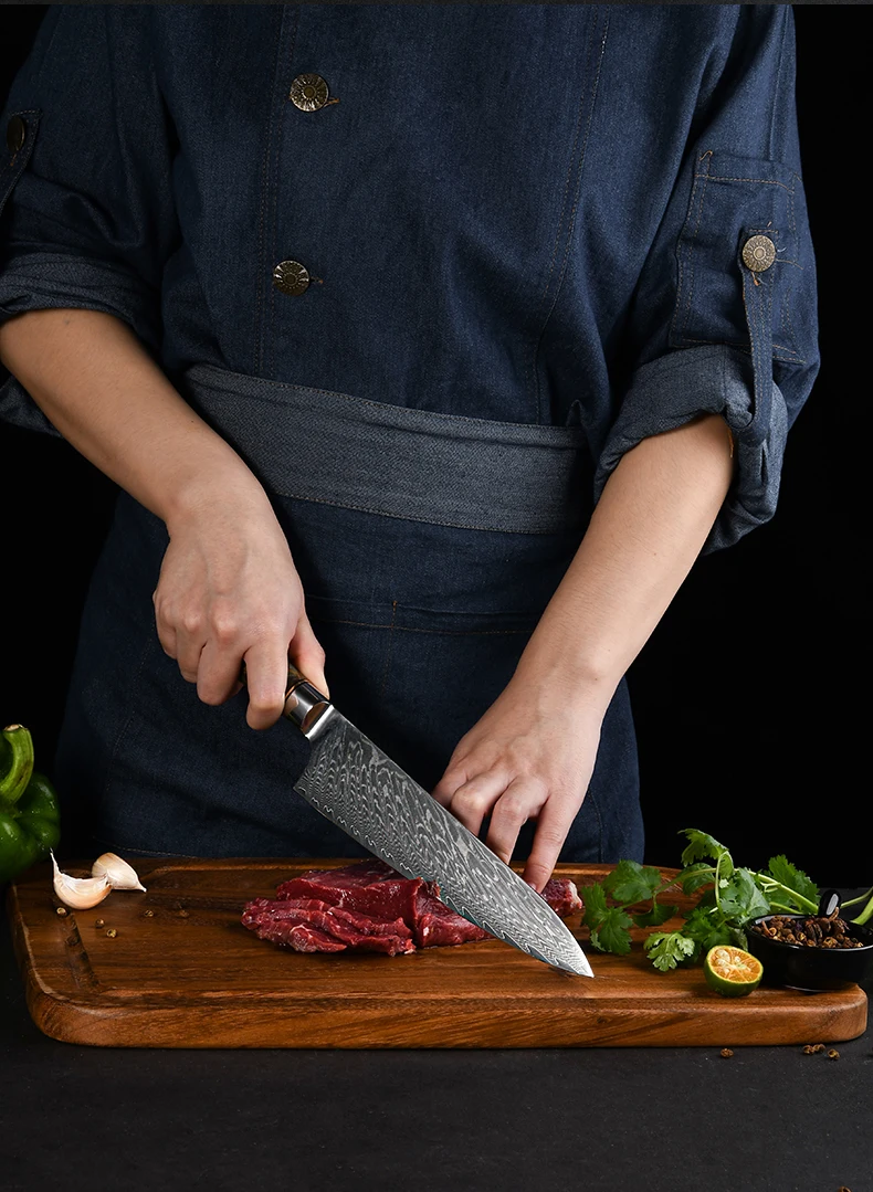 瑞泰大马士革钢制厨刀专业锋利的肉厨师刀,带稳定木柄