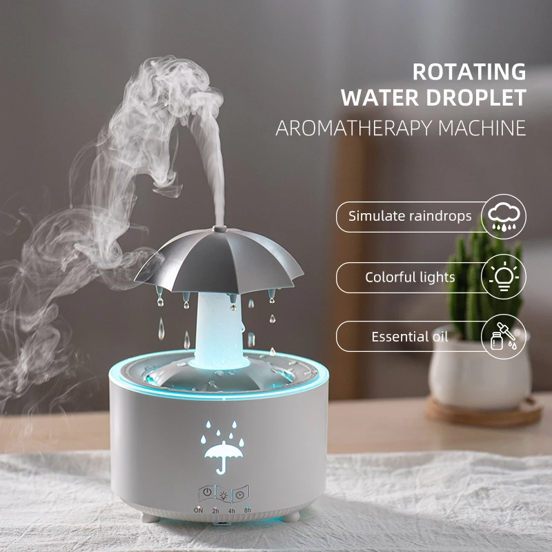 2025 Popular 300ML Ultrasonic Humidifier Household Rain Cloud Aroma Diffuser LED Light Rotating Umbrella Remote Control Plastic