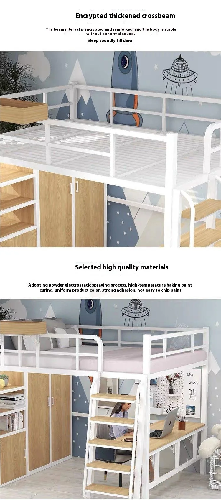 product multifunctional loft bed with thickened iron frame and elevated desk for small apartments wardrobe underneath bed-4