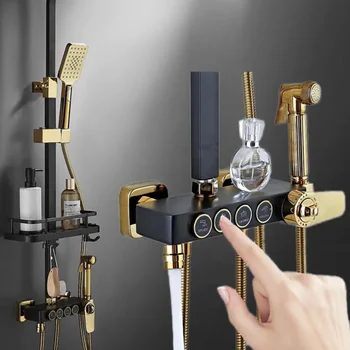 Instgram Bathroom Shower System Black Gold Mixer Faucet Hot Cold Bathroom Tap Thermostatic Shower Set