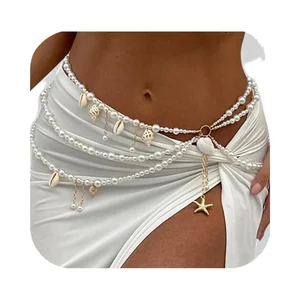 Summer Beach Shell Conch Pendant Alloy Multi-layered Pearl Belly Chain Jewelry for Women