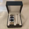 Silver black watch + silver bracelet + box