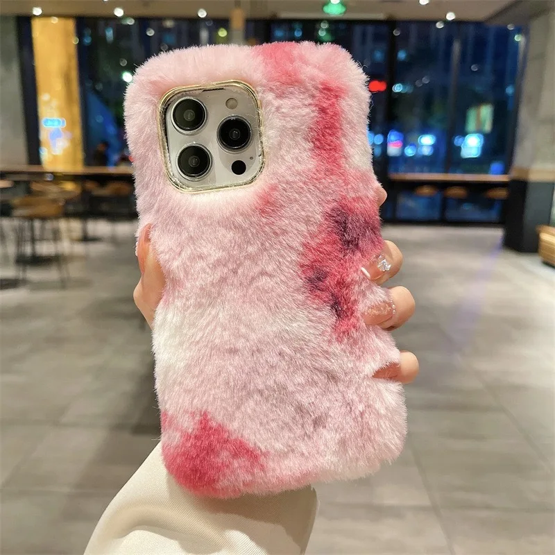 Winter Soft Furry Phone case for iphone 15 16 Pro Max Gradient Color Cute for iphone 15 14 13 12 11 Cases for Girls