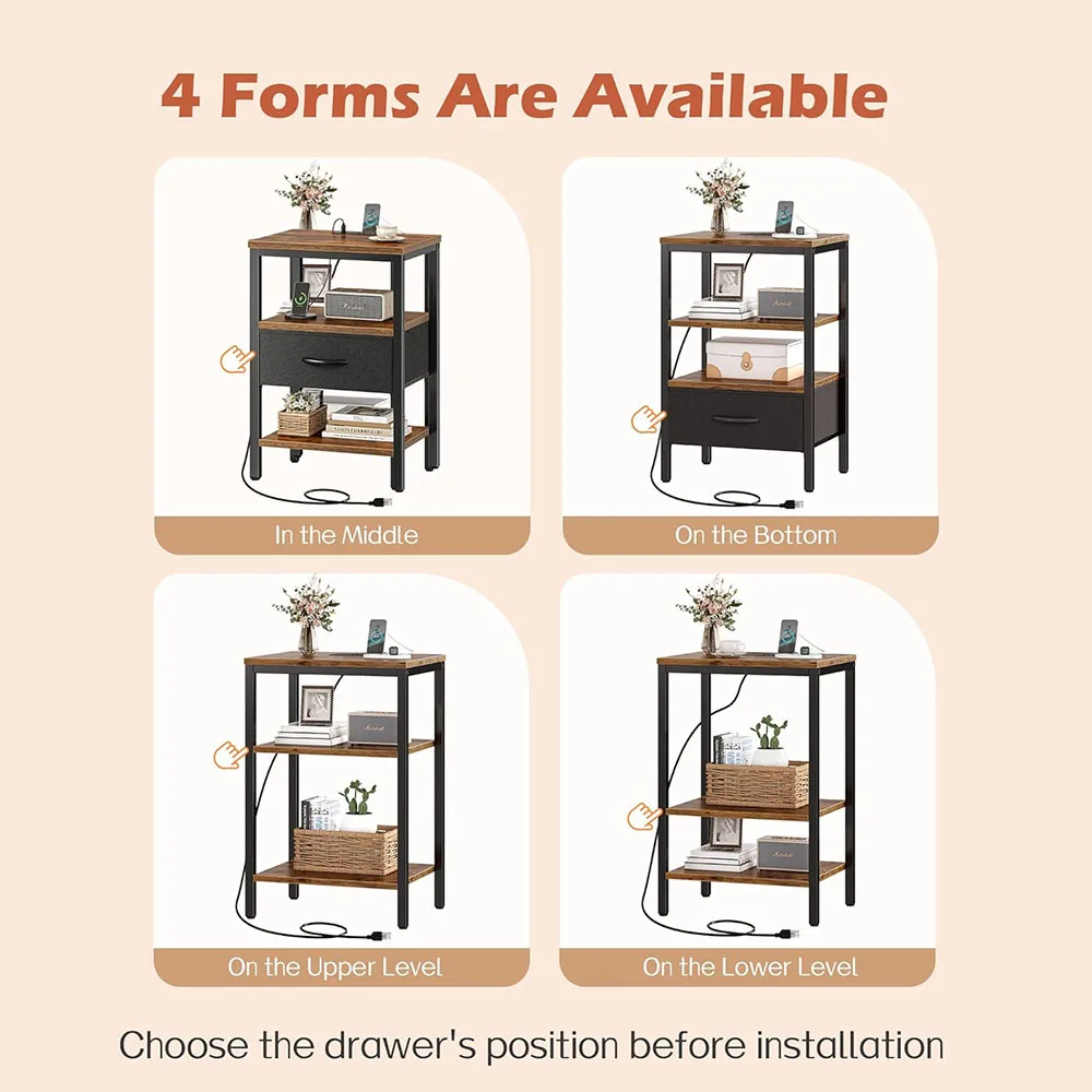 Modern 3-Tier Storage End Table Adjustable Fabric Drawer Nightstand Charging Station for Bedroom Home Use manufacture