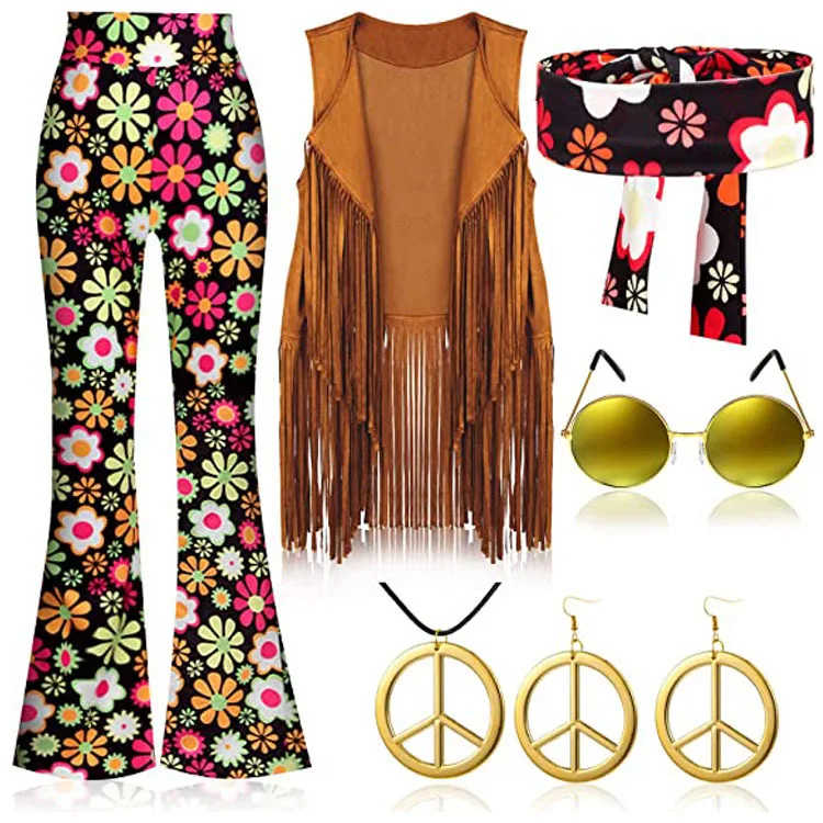 60s 70s Outfits For Women Hippie Costume Set Boho Flared Pants Fringe ...