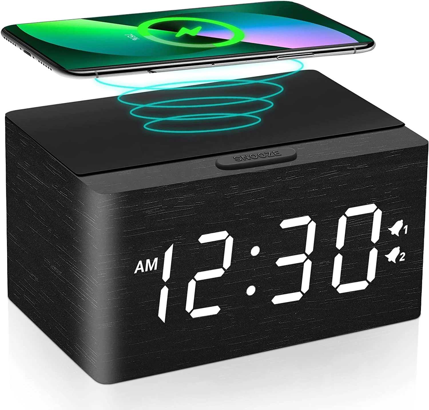 Wooden Digital Alarm Clock Fm Radio Fast Wireless Charger Station For