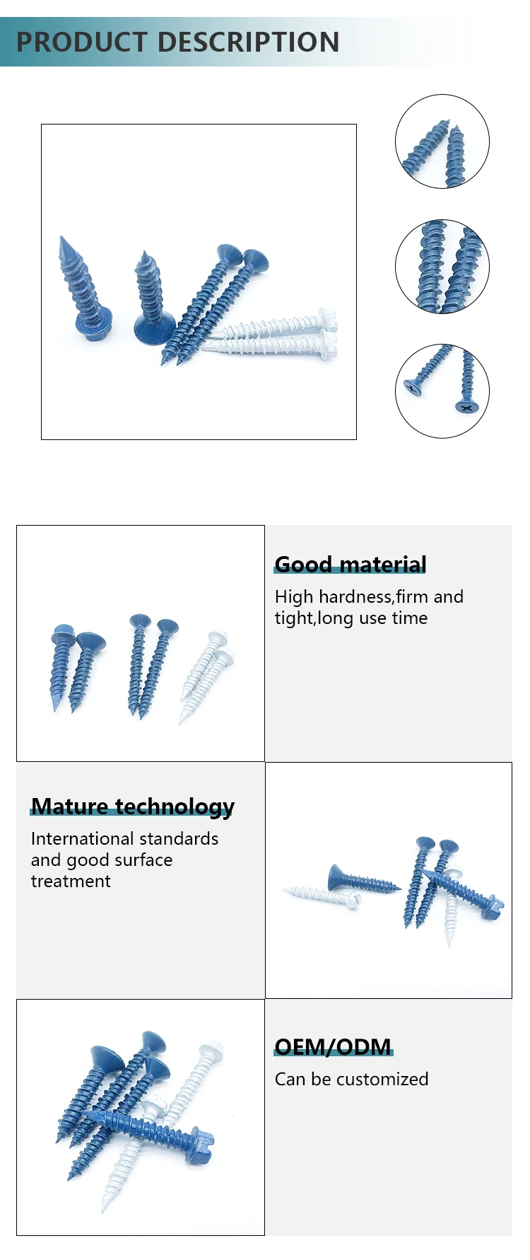 Galvanized Flat Head Hex 304 Stainless Steel White Selftapping Tapcon Concrete Screws 3/8 X4