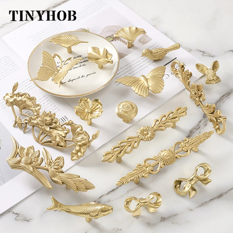 Flower Shape Brass Gold Cabinet Pulls for Kitchen & Dresser Drawers -  Modern Decorative Knobs and Handles C-4531