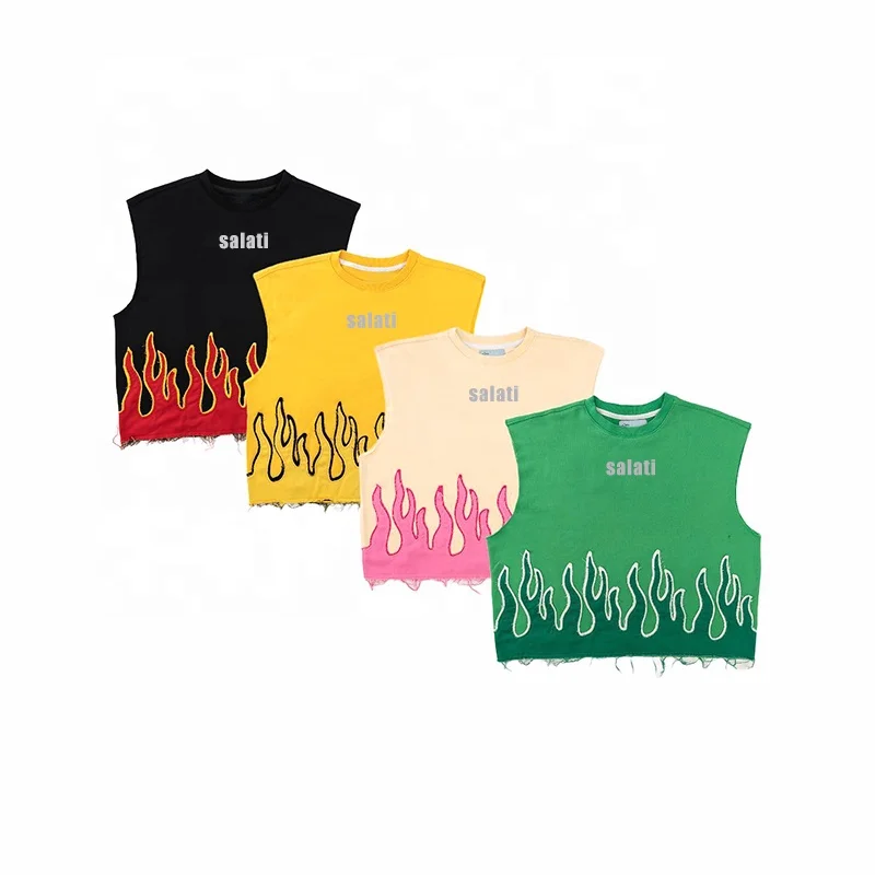 Men's Shirts Custom 3D Reflective Print Flame Graphic Raw Hem French Terry Cut and Sew Cotton Sleeveless Cropped Tshirts T-shirt