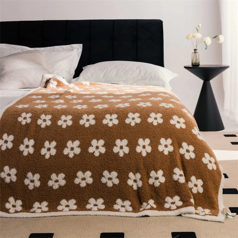 Acepte ropa de cama de punto súper suave personalizada, manta de punto de poliéster 100% Jacquard con flores de microfibra para invierno PLD