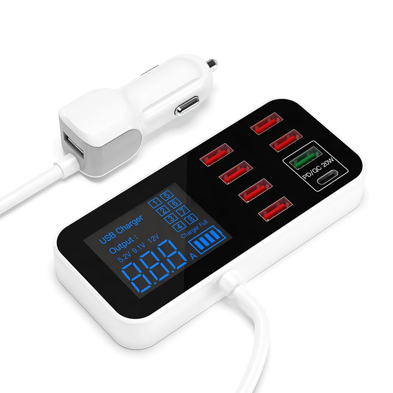 8 USB Ports Car Charger with 40W 8A PD Function LCD Lights Indicating Fast Charging for Multiple Devices