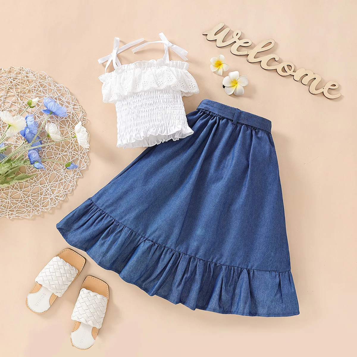 summer girls halter shirt denim skirts 2pcs outfit 2023 new kids ruffle skirt Alibaba