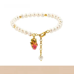 Pearl Bracelet with Enamel Fruit Charm Adjustable Gold Plated Chain Elegant Cute Jewelry for Women Summer Daily Wear